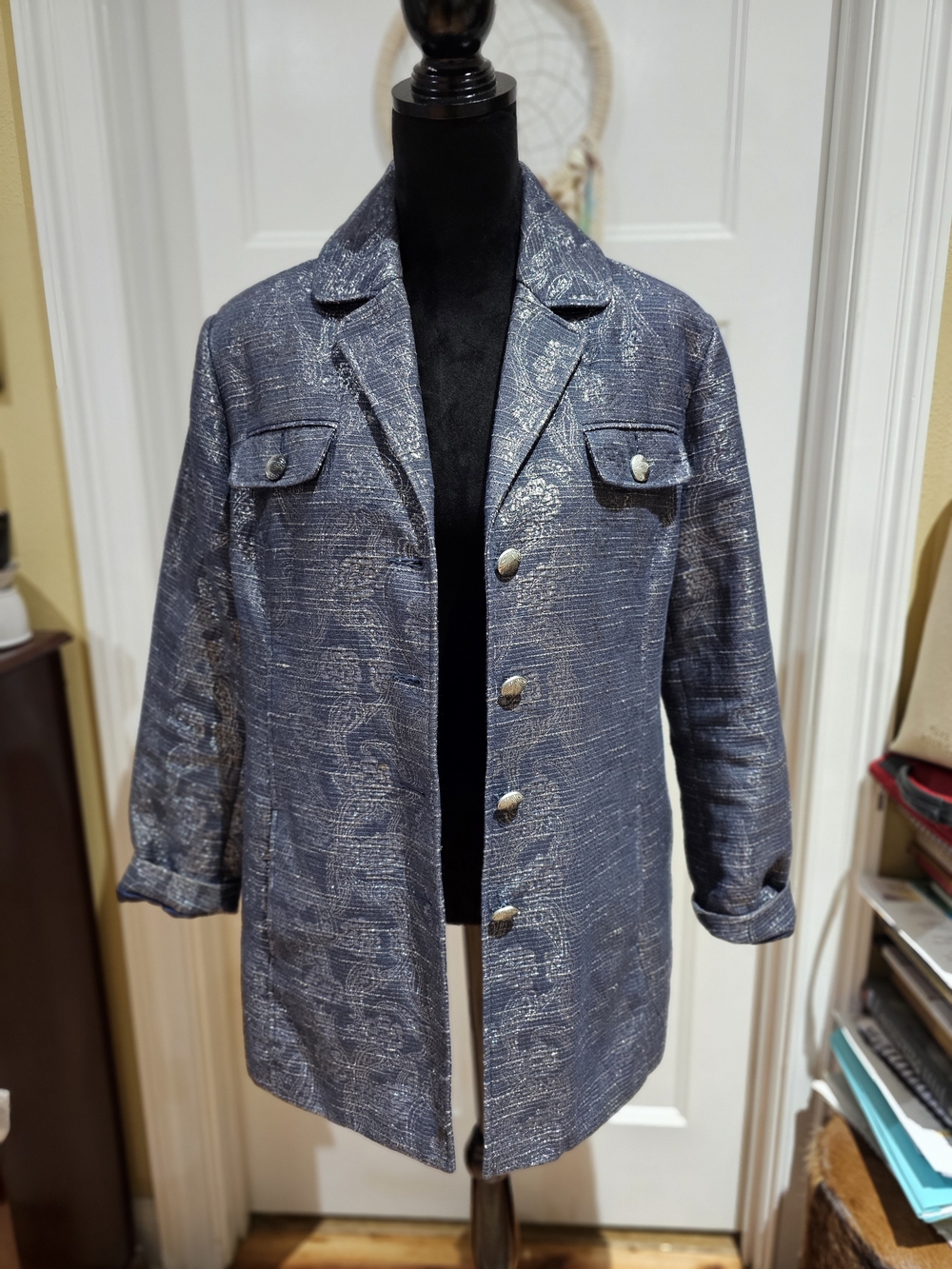 Demin Blue With Silver Paisley Button-Front Lightweight Jacket